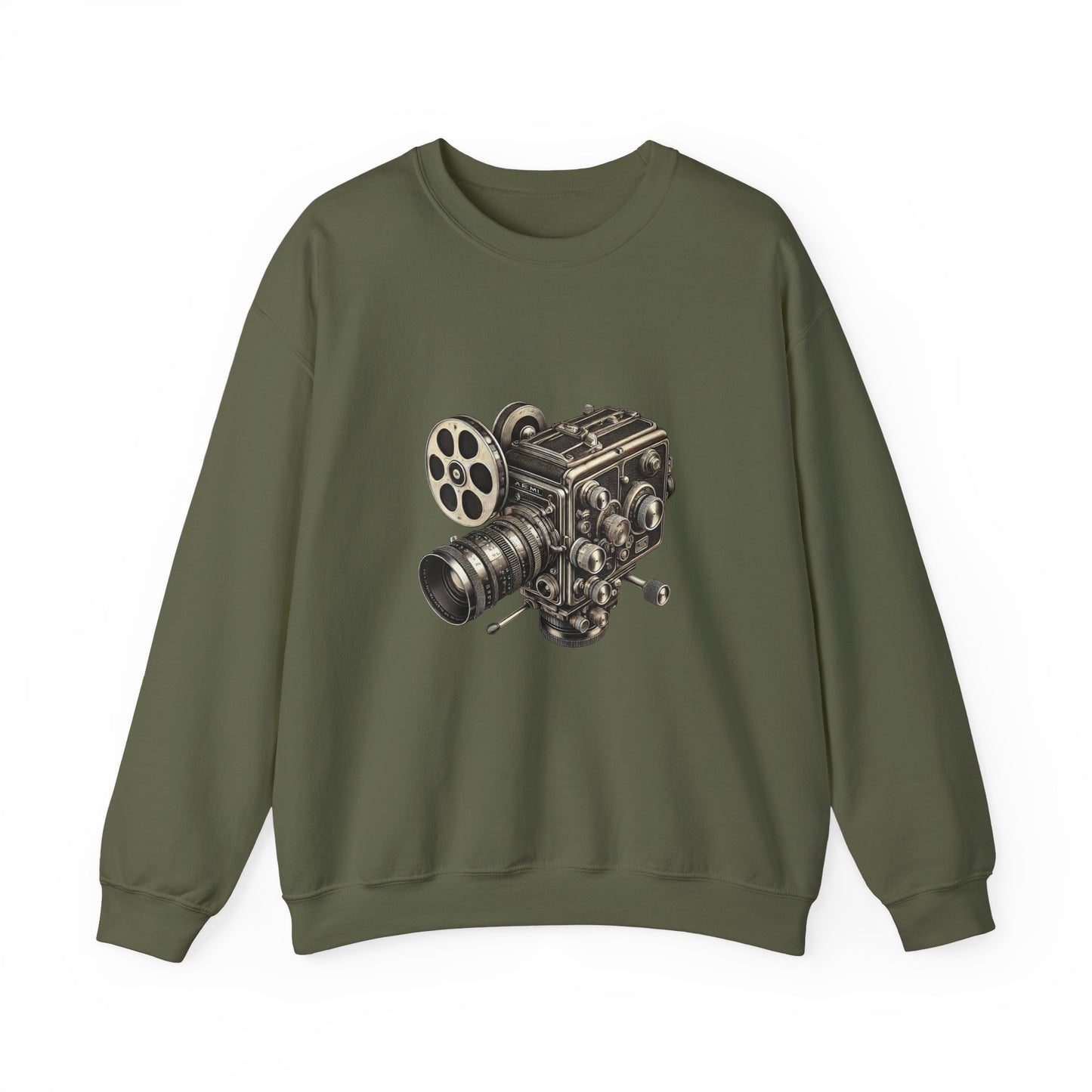 Front view of olive green Film Camera Sweatshirt with retro design.