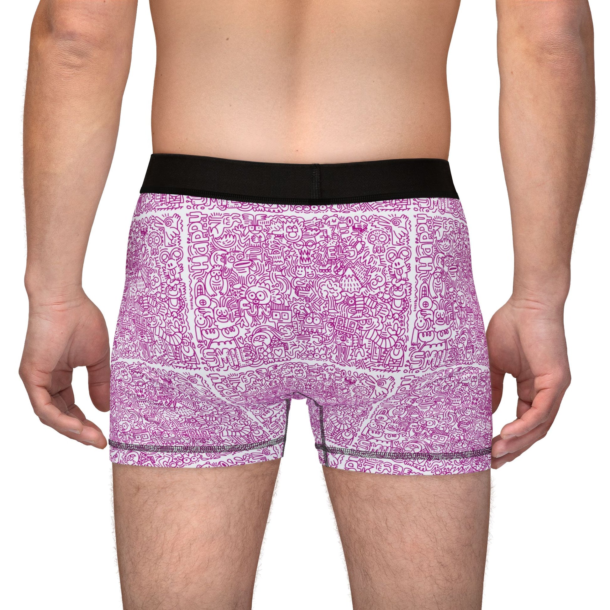 Male model back view of Doodle Men’s Boxers showcasing full doodle pattern design