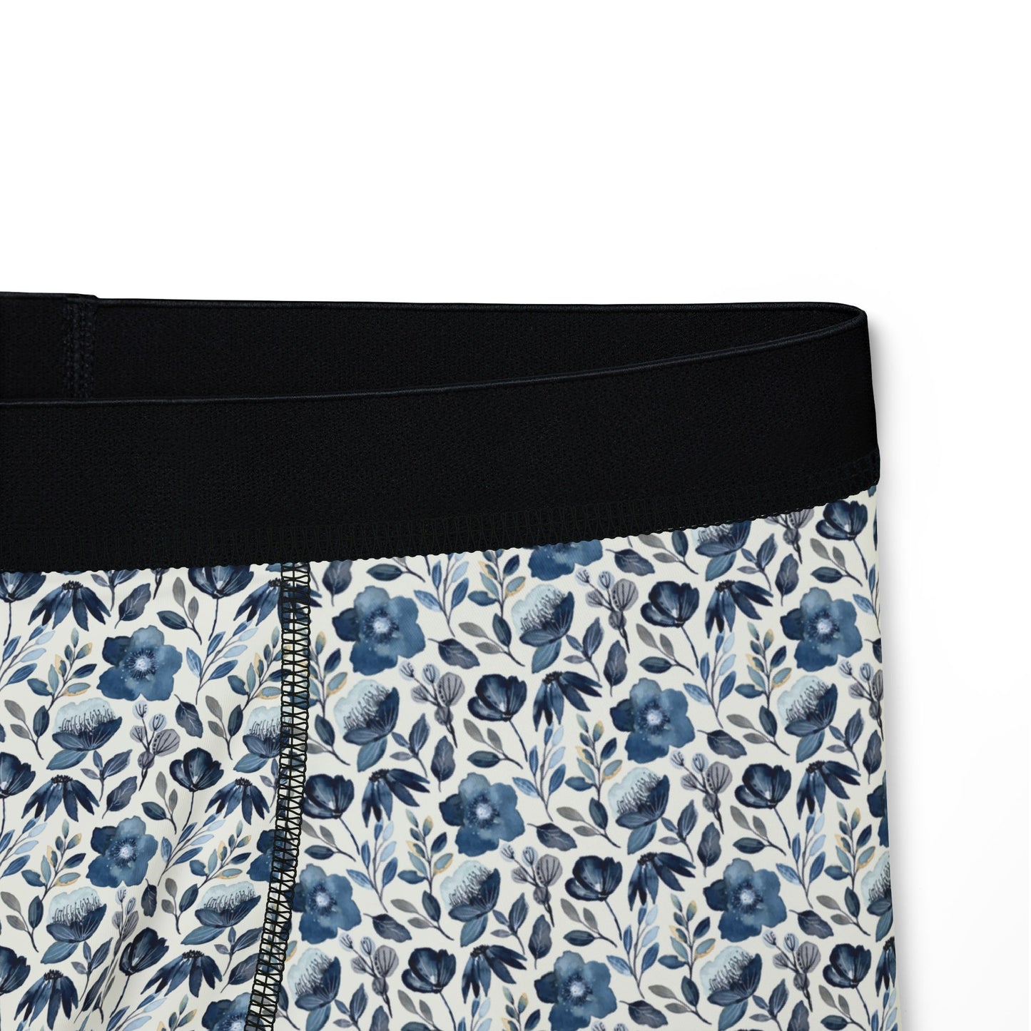 Close-up side detail of Floral Men’s Boxers with black waistband and floral fabric design