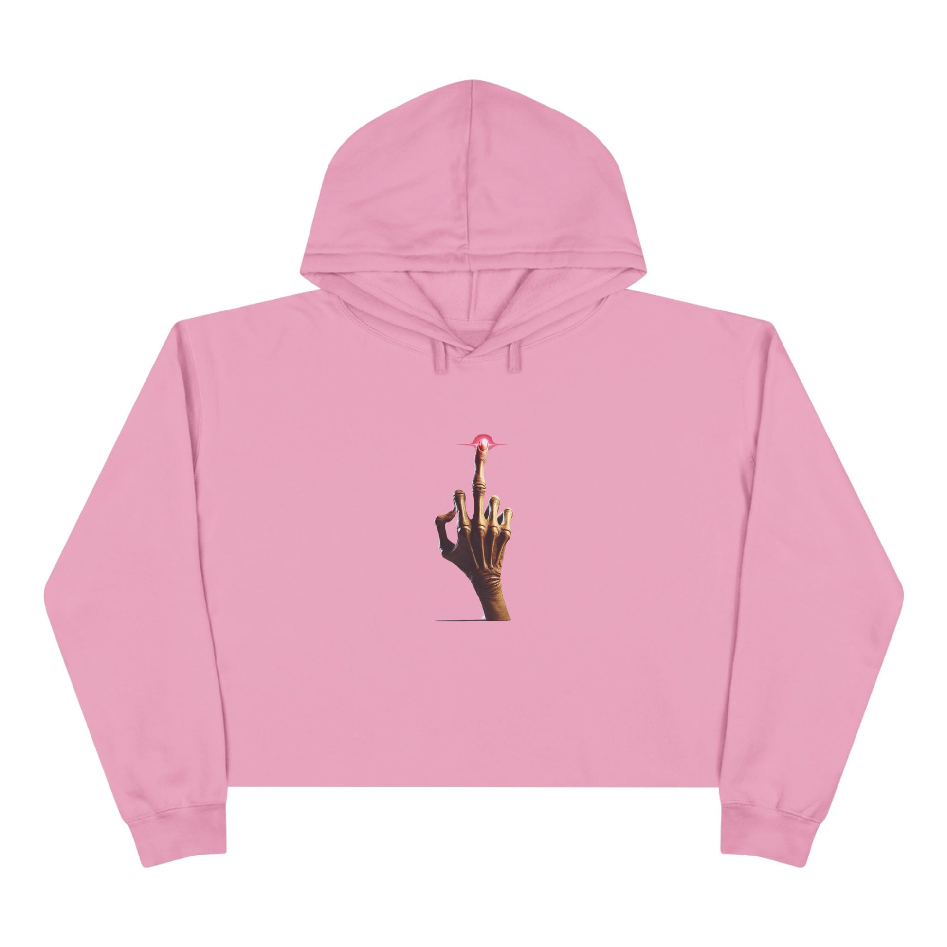 A pink crop hoodie with a minimalist E.T.-inspired graphic of a hand with an extended glowing finger touching a small red spaceship.