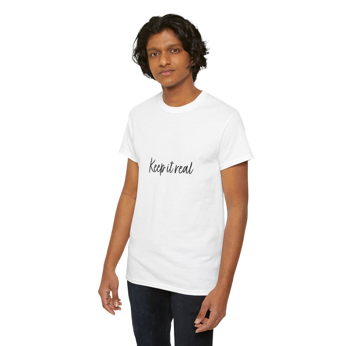 Man wearing white Keep it real T-Shirt looking forward