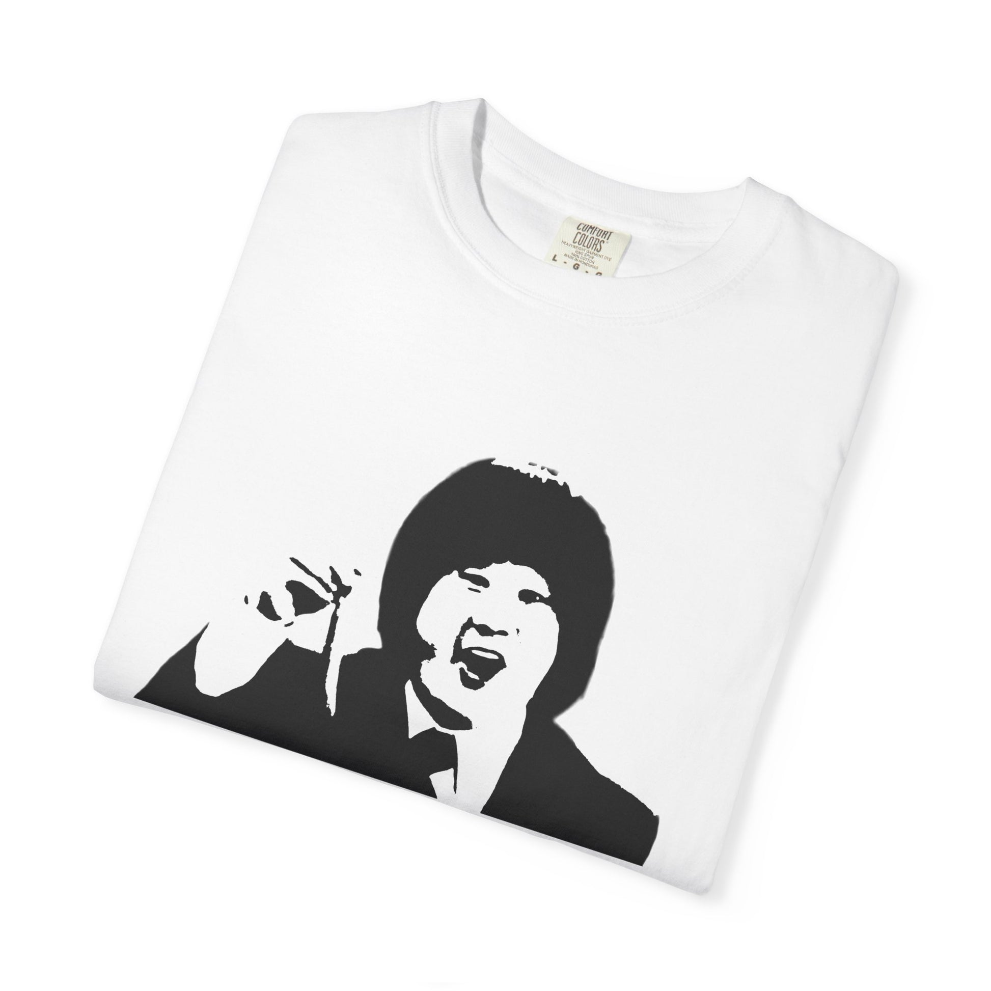 White Uh Oh Hot Dog T-shirt laid flat, featuring Bobby Lee’s face and quote.