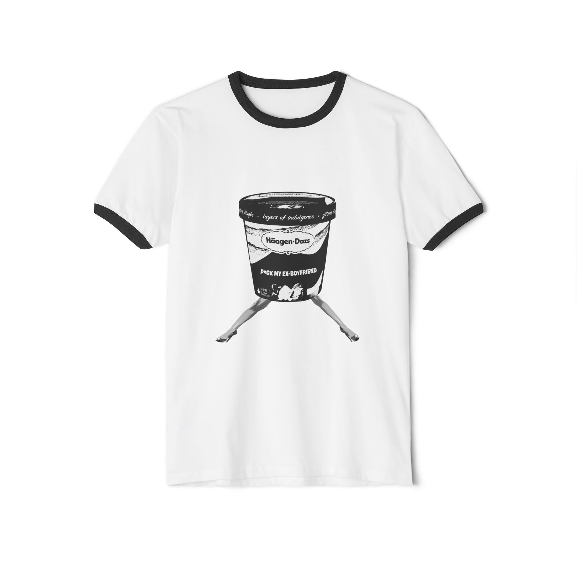 Flat lay of white ringer t-shirt with black sleeves and humorous breakup design