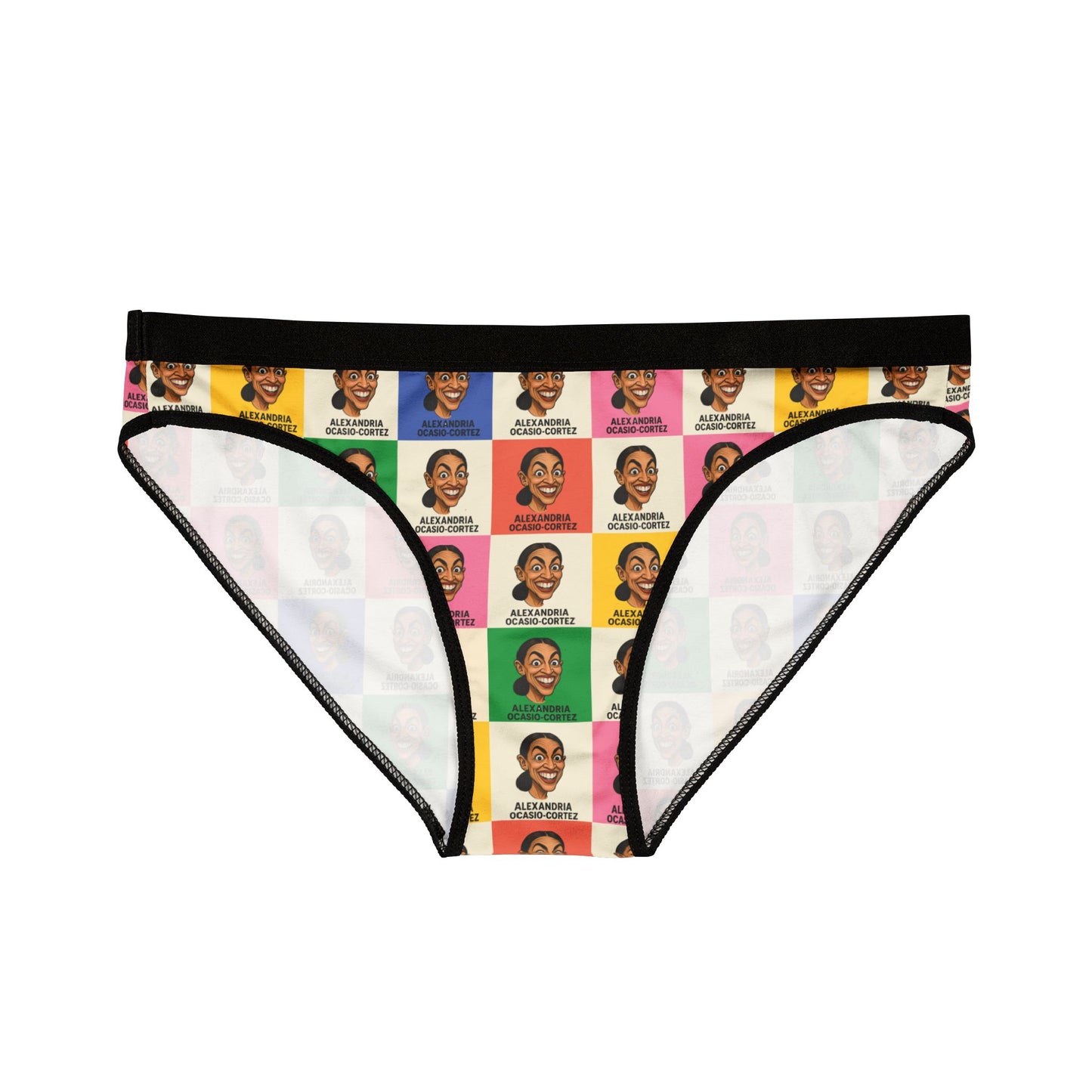 Flat lay front view of AOC women’s underwear with all-over Alexandria Ocasio-Cortez face print and bold pop colors