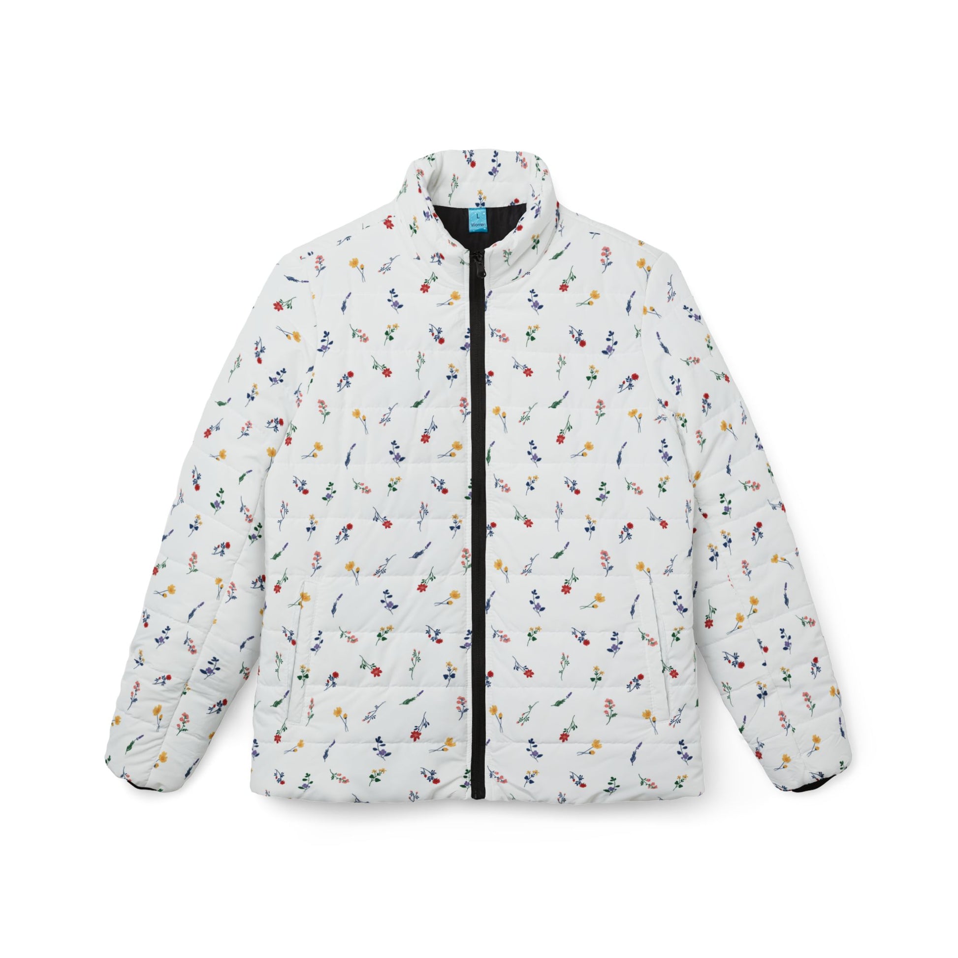 Women’s Wild Flowers Puffer Jacket flat lay front view with floral print design