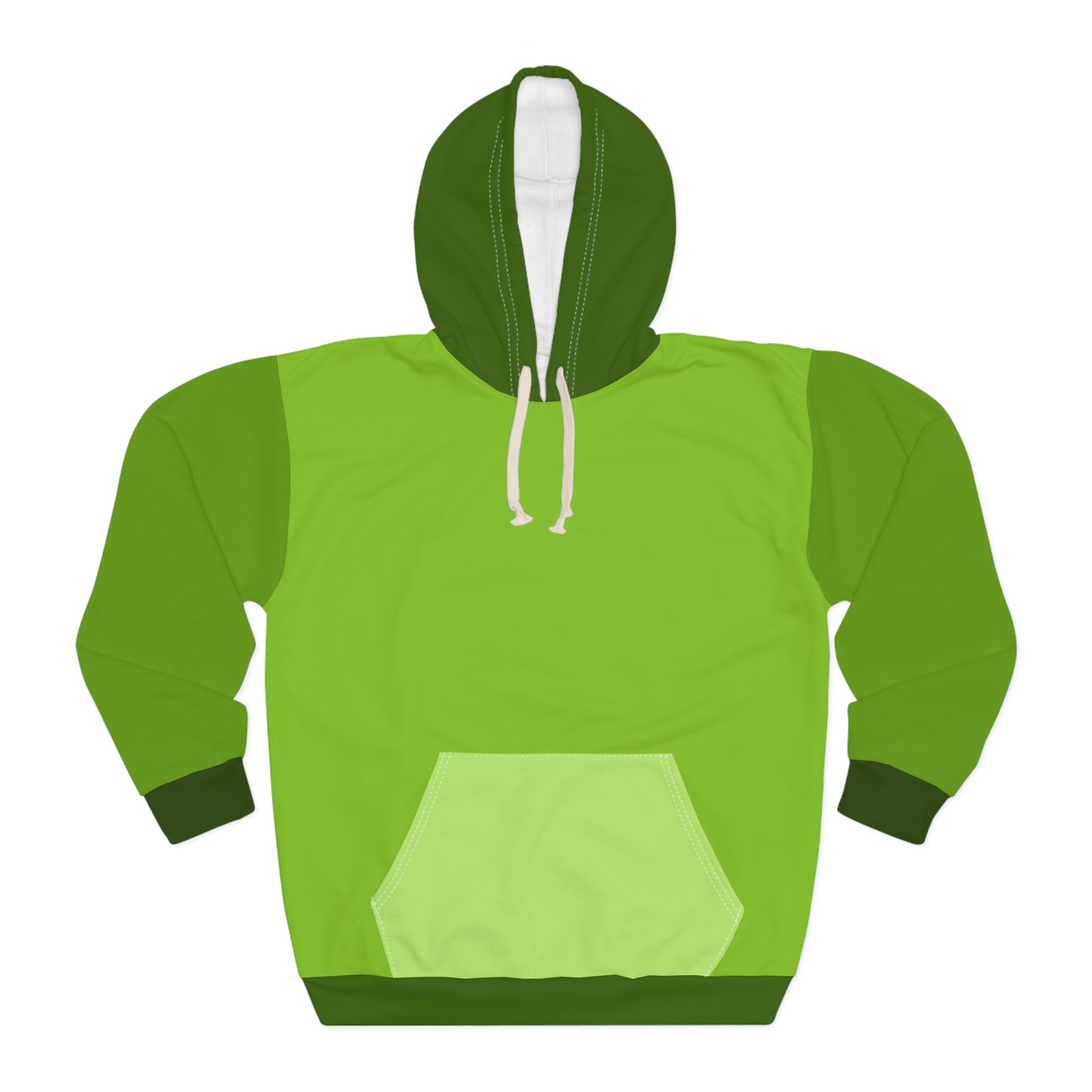 Avocado Unisex Hoodie front view showing fresh green color block design with white drawstring hood and spacious kangaroo pocket