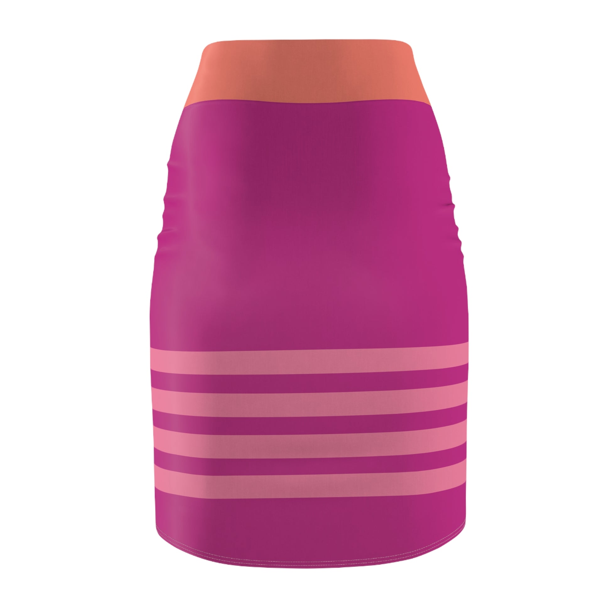 Back view of skirt featuring horizontal pink stripes on a magenta background with coral waistband