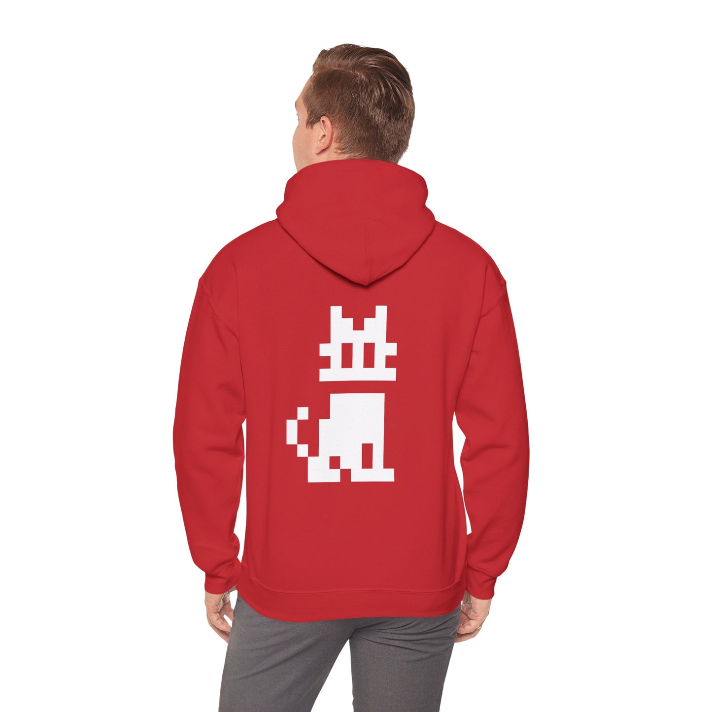 Pixel Cat Unisex Hoodie red back view worn by model