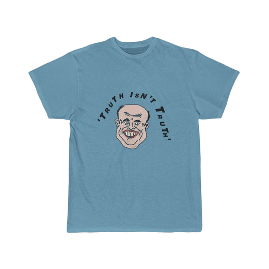 Blue t-shirt with a graphic and text 'TRUTH ISN'T TRUTH' on a white background