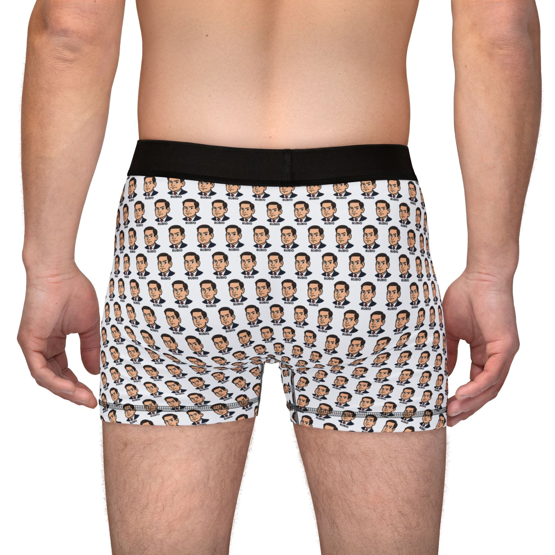 Back view of male model wearing white boxer briefs with repeated Marco Rubio face graphic and black waistband