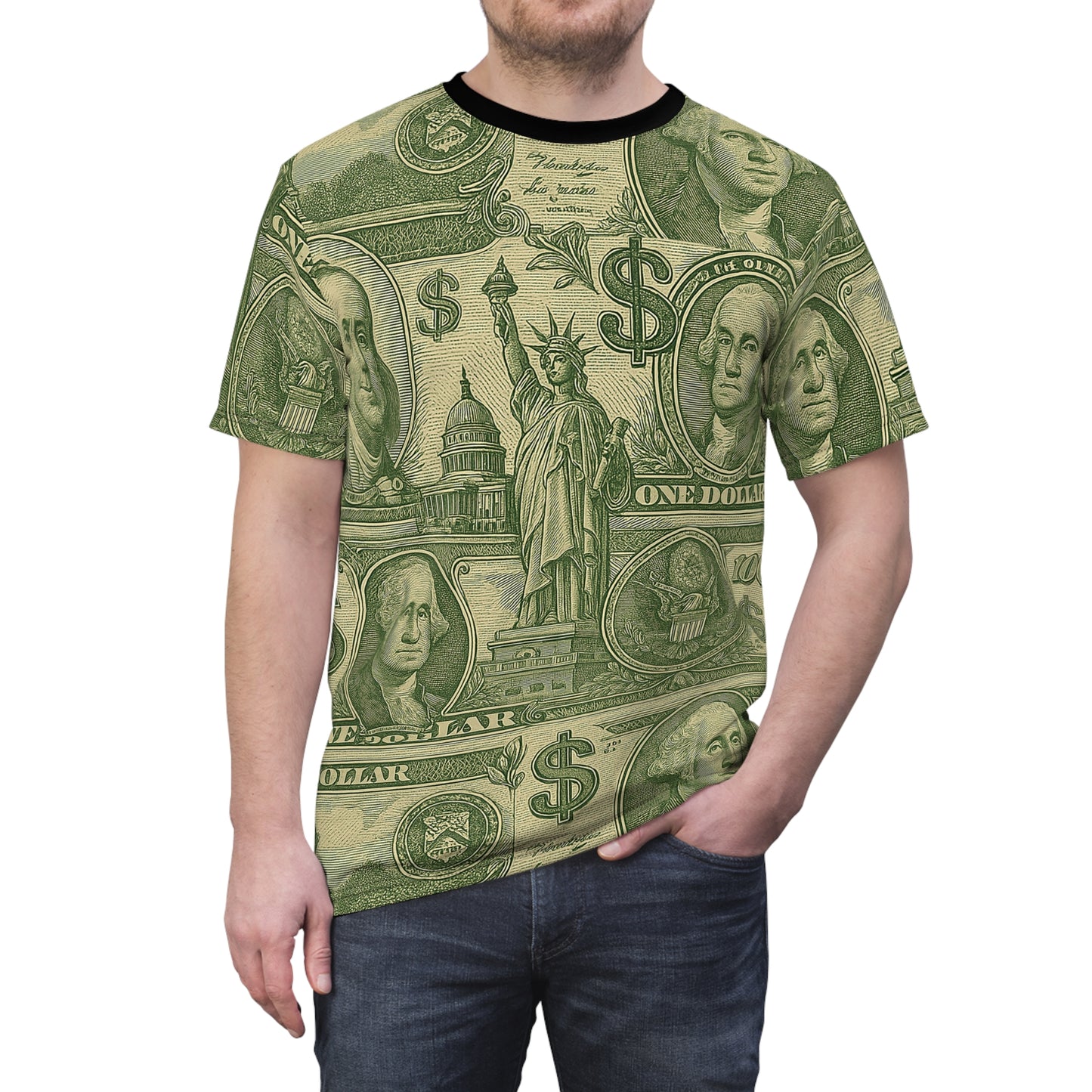 Male model in Dollar T-Shirt with one hand in pocket, front view