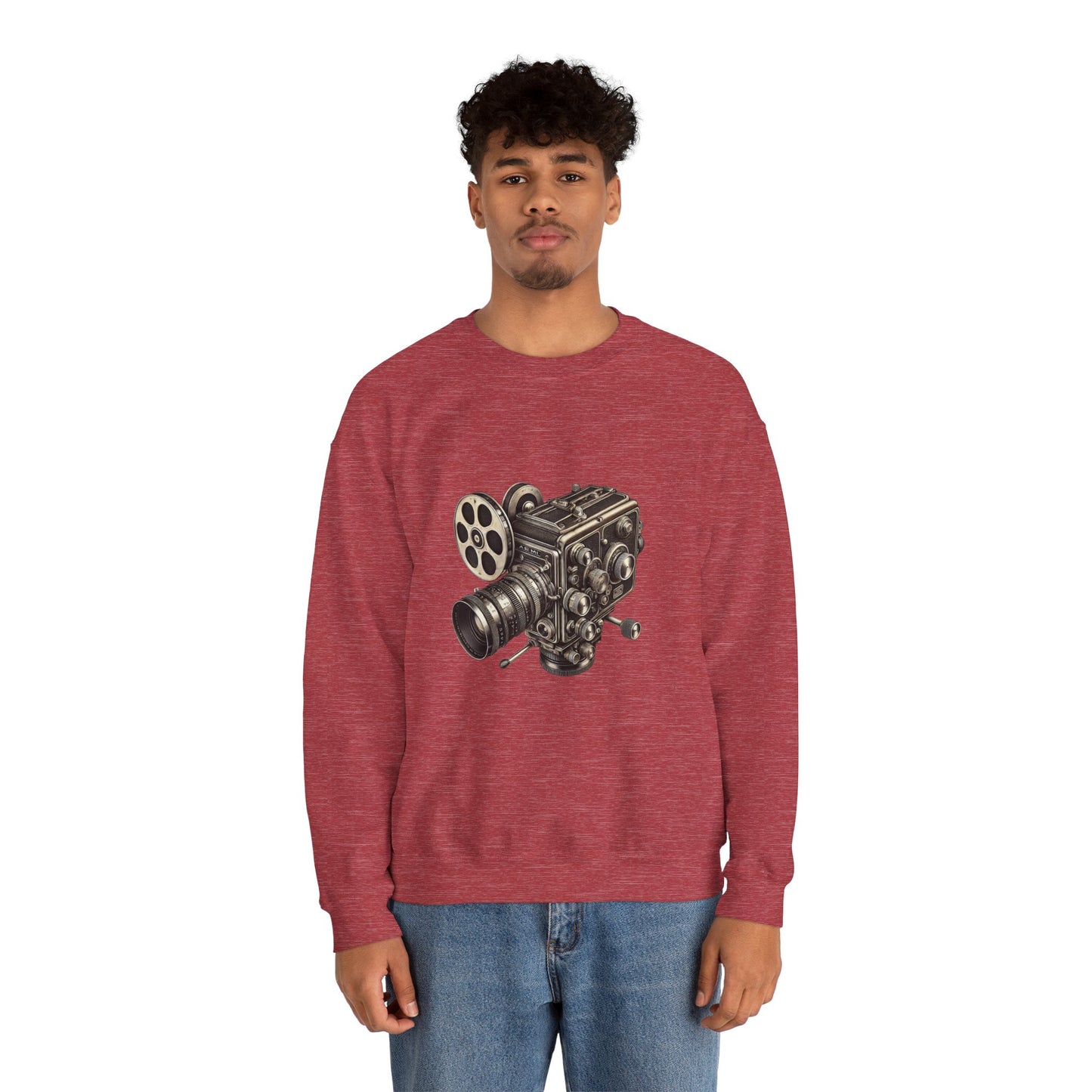 Male model wearing red Film Camera Sweatshirt, casual streetwear style.