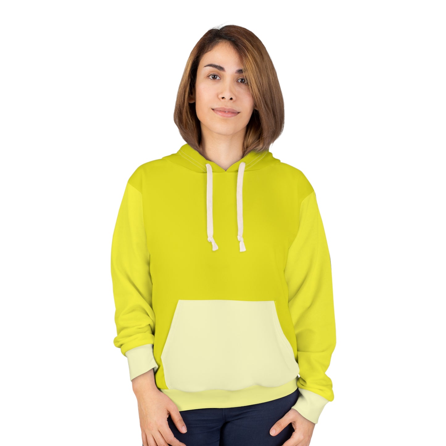 Female model wearing Banana Unisex Hoodie displaying vibrant yellow tones, comfortable fit, and playful casual fashion look