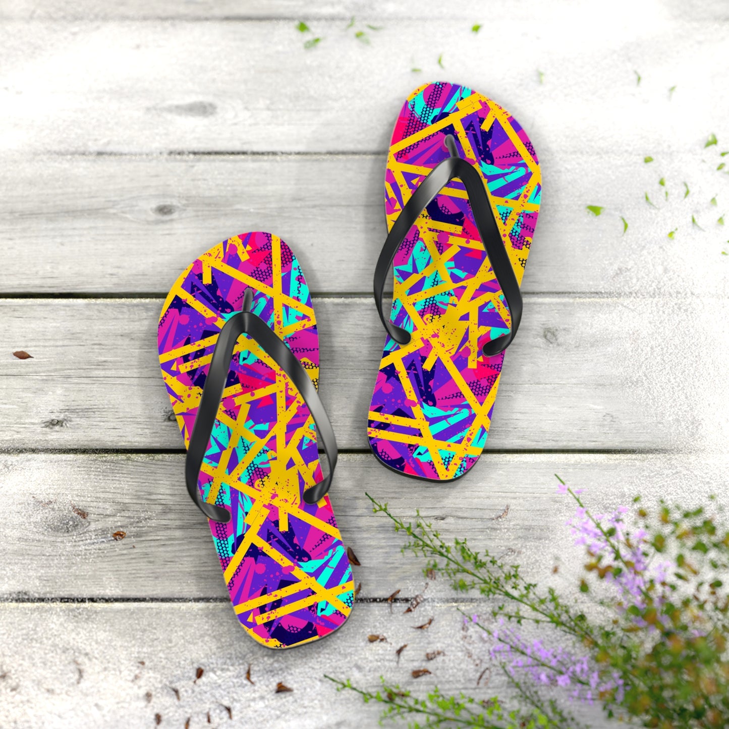 street art flip flops flat lay wooden surface colorful summer sandals, lifestyle look