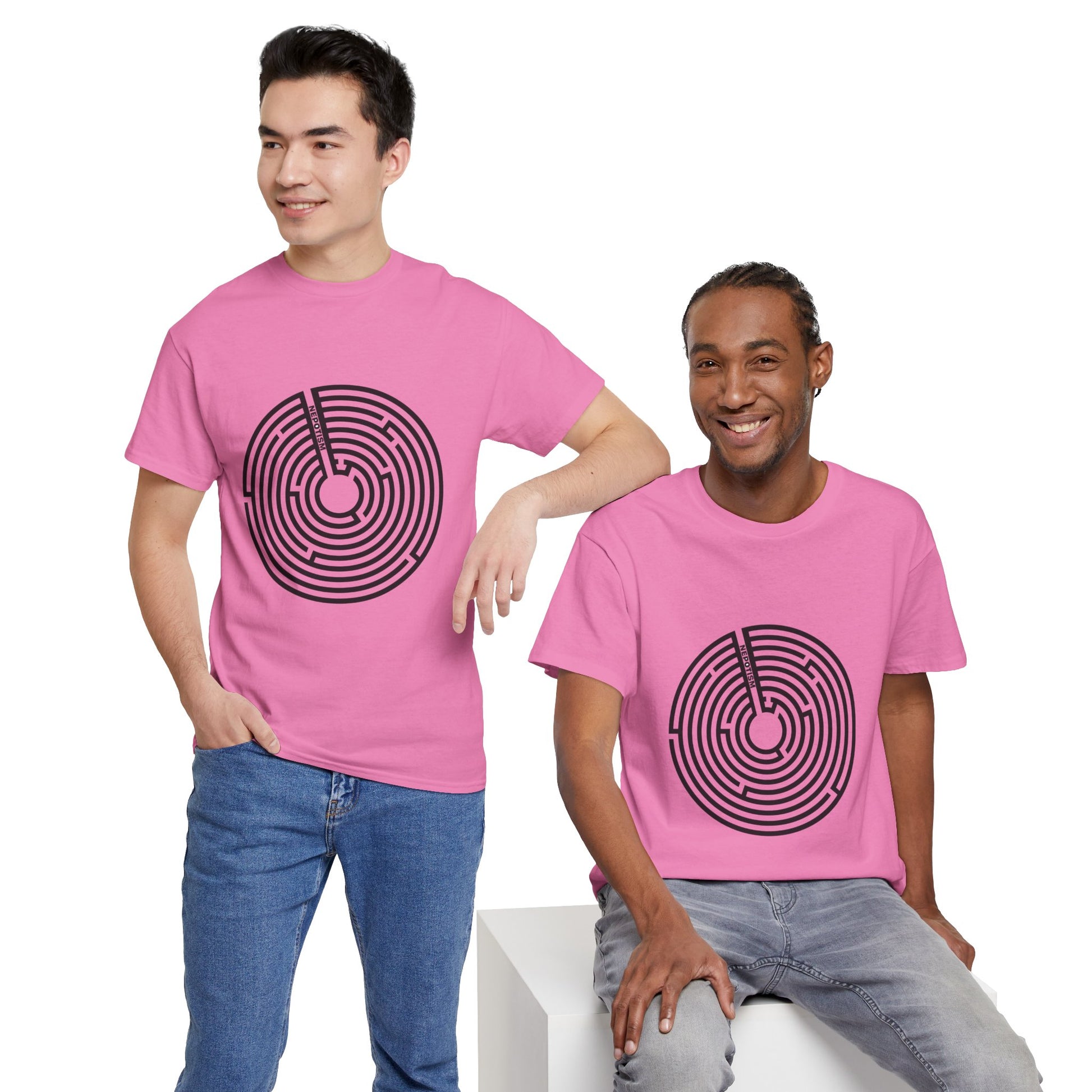Two models wearing pink Nepo T-Shirts with maze print