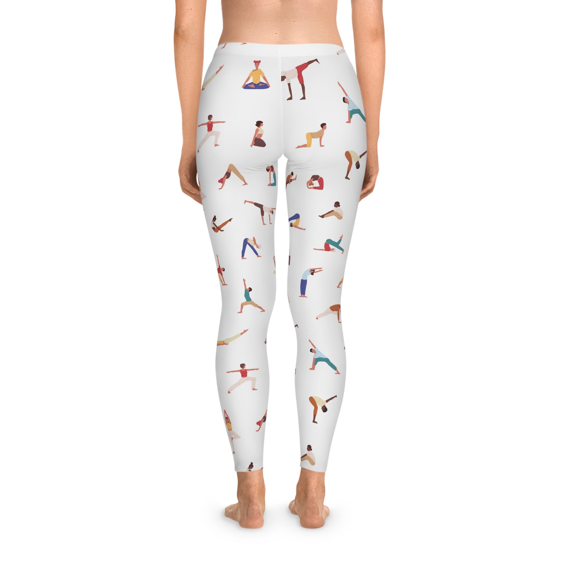 Model showing Yogini Leggings from the back with colorful yoga pose detail