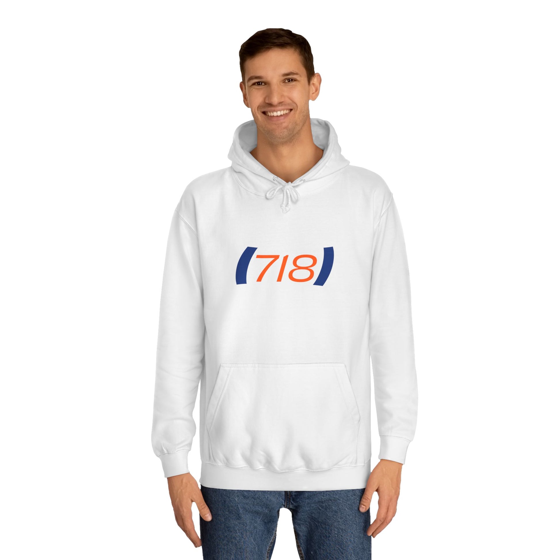 Male model wearing white (718) Hoodie with orange and blue area code design front view