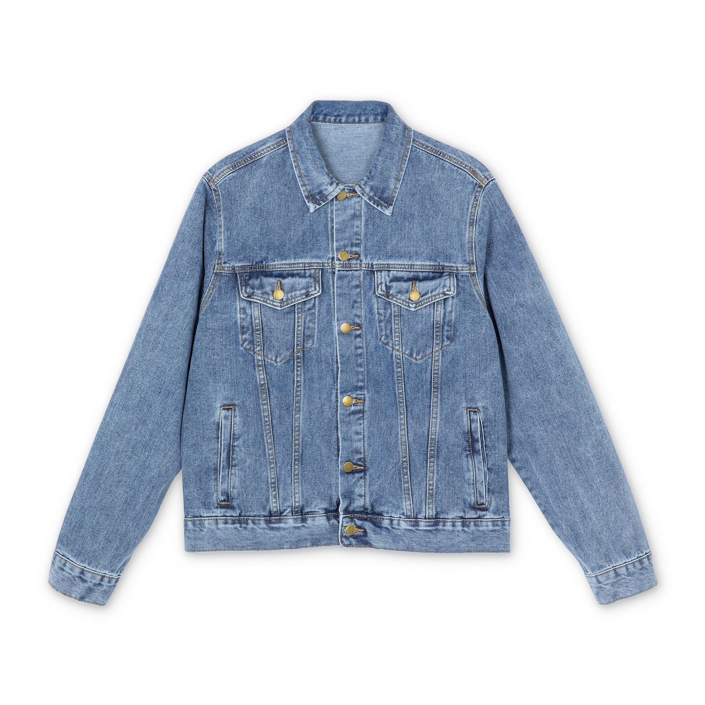 Flat lay front view of Americana Men’s Denim Jacket buttoned