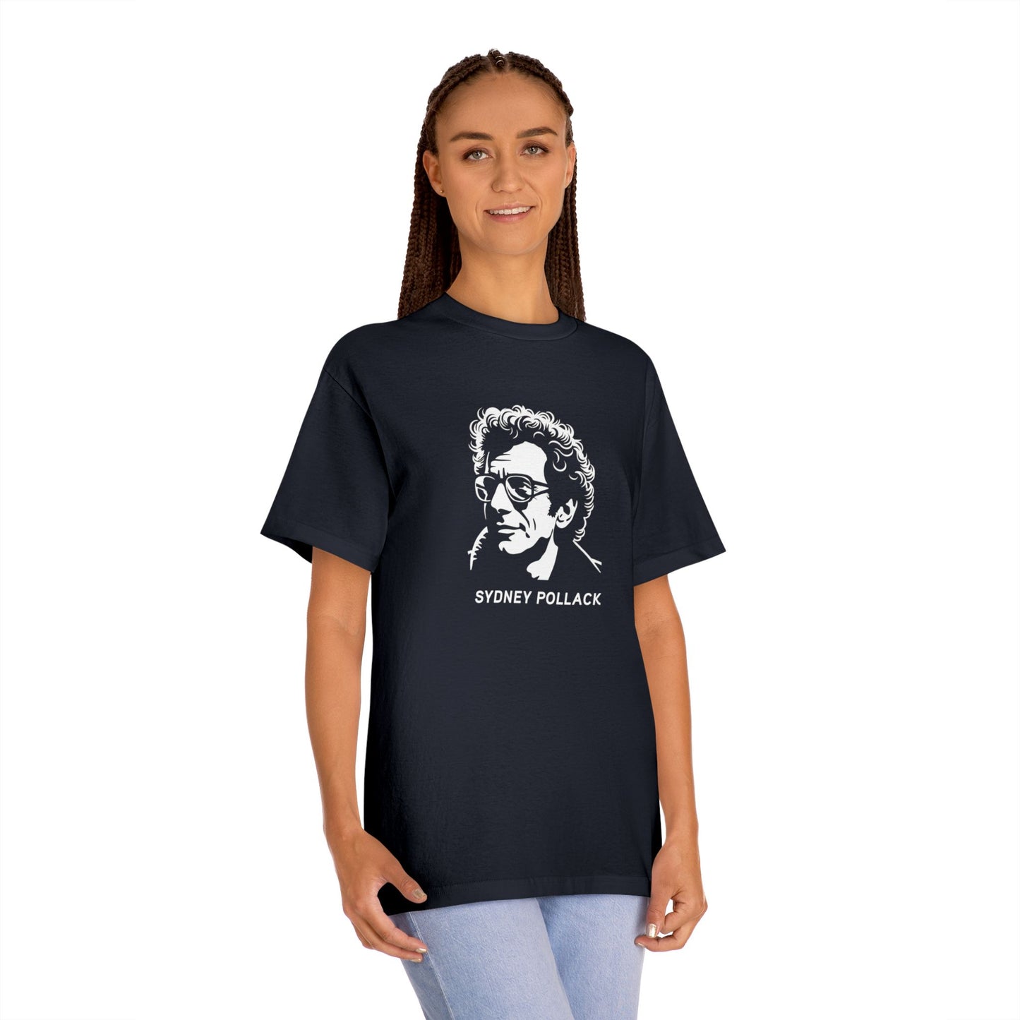 Female model wearing Sydney Pollack Tribute T-Shirt in black with Sydney Pollack portrait