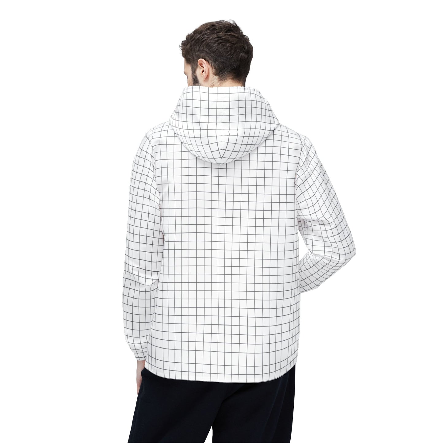 Male model side view wearing black-and-white Grid Windbreaker Jacket.