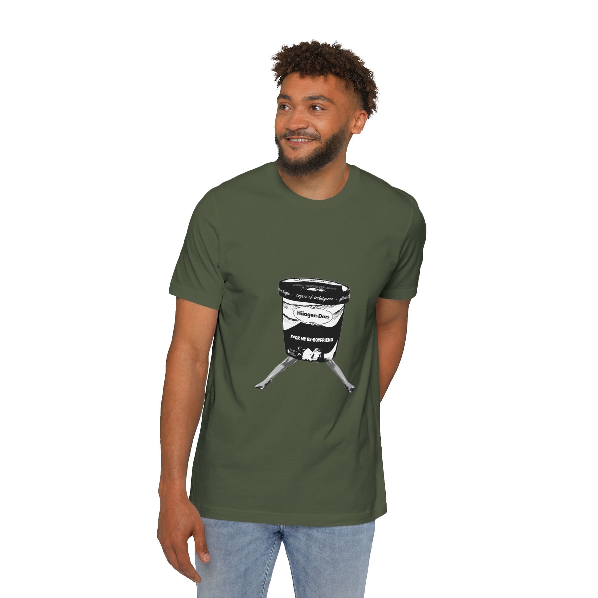 Man in olive green t-shirt modeling front view of ice cream breakup shirt