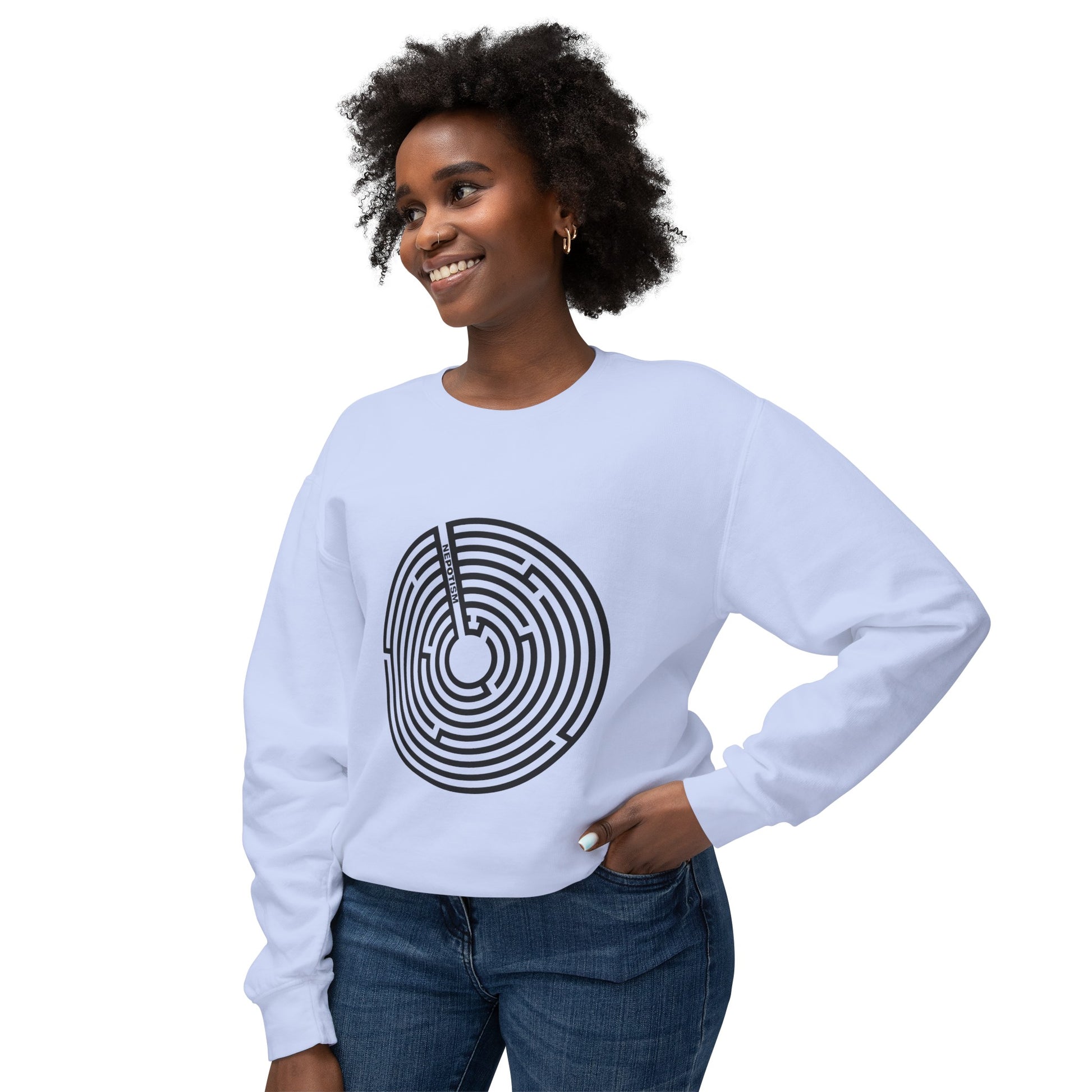 Woman wearing light blue Nepo Sweatshirt with black spiral design