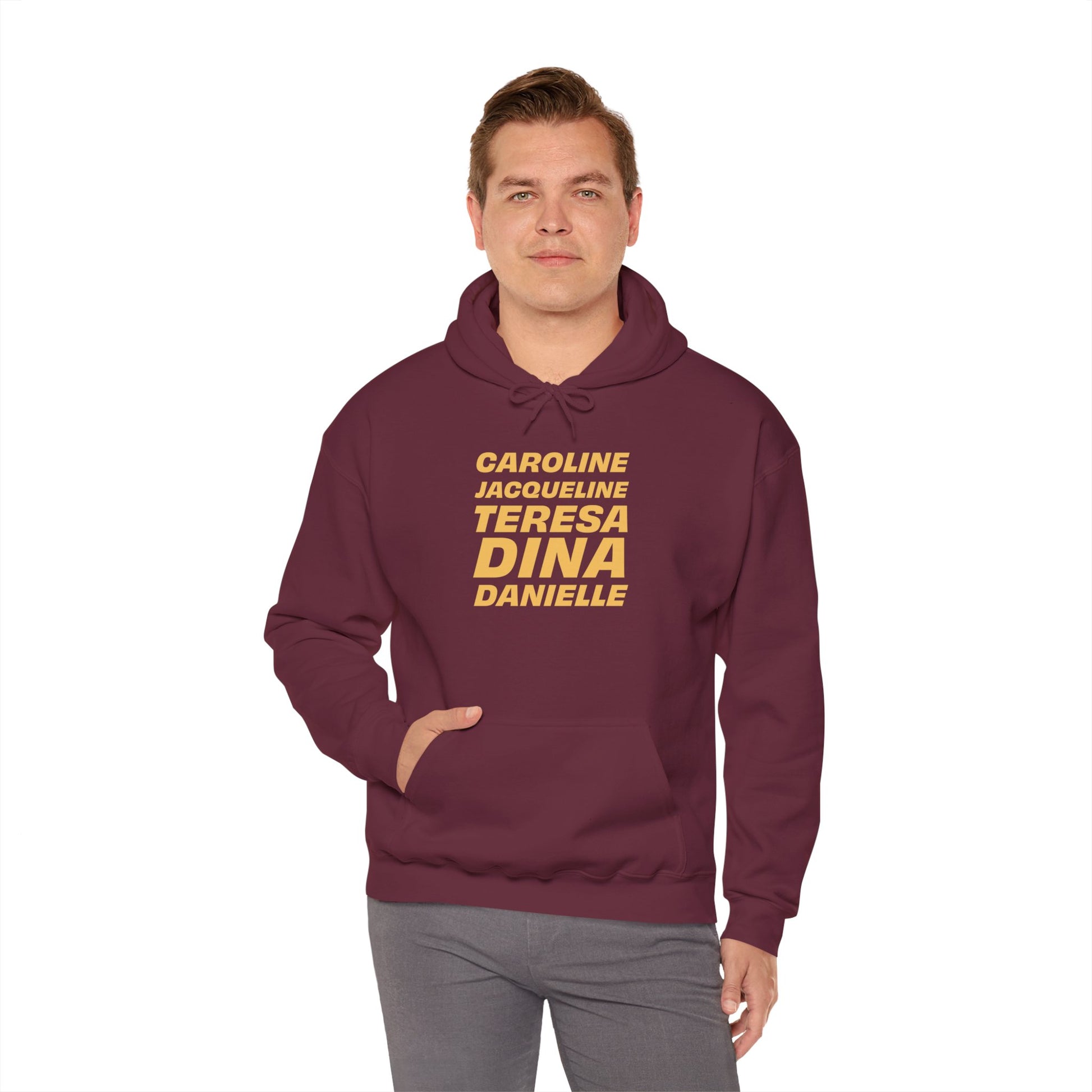 Male model in maroon OG NJ Housewives Hooded Sweatshirt shown from the back to highlight fit.