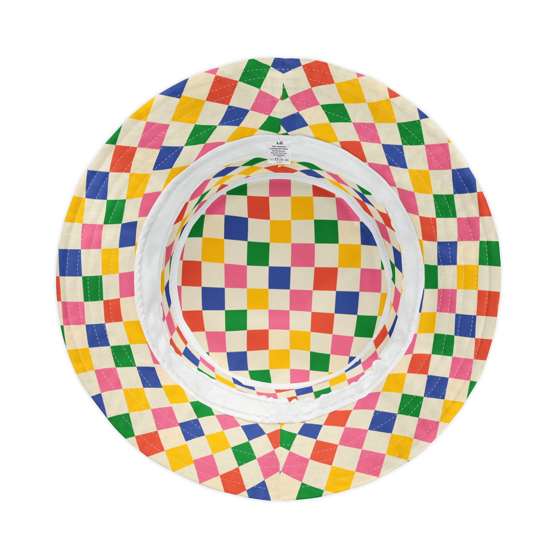 Inside view of Colored Squares Bucket Hat showing lining and pattern.