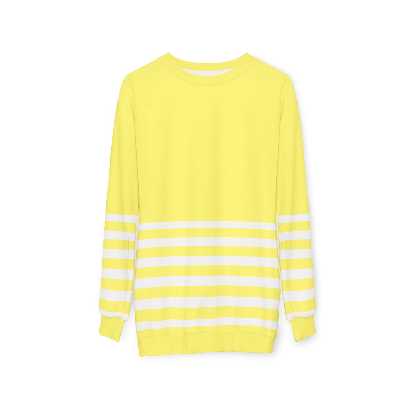 Flat lay of yellow striped sweatshirt front view on plain background