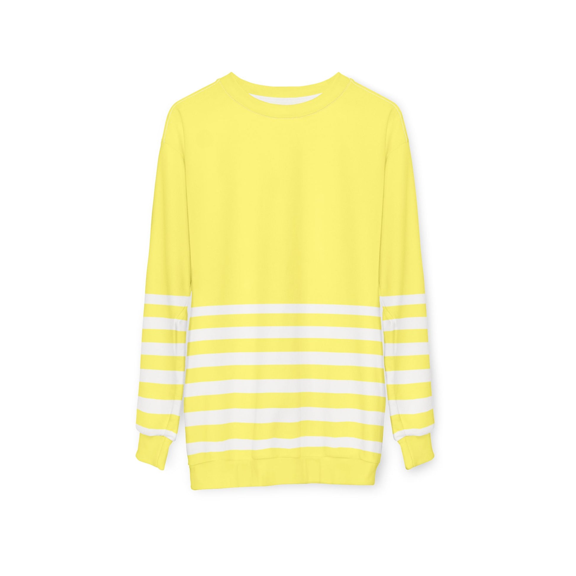 Flat lay of yellow striped sweatshirt front view on plain background