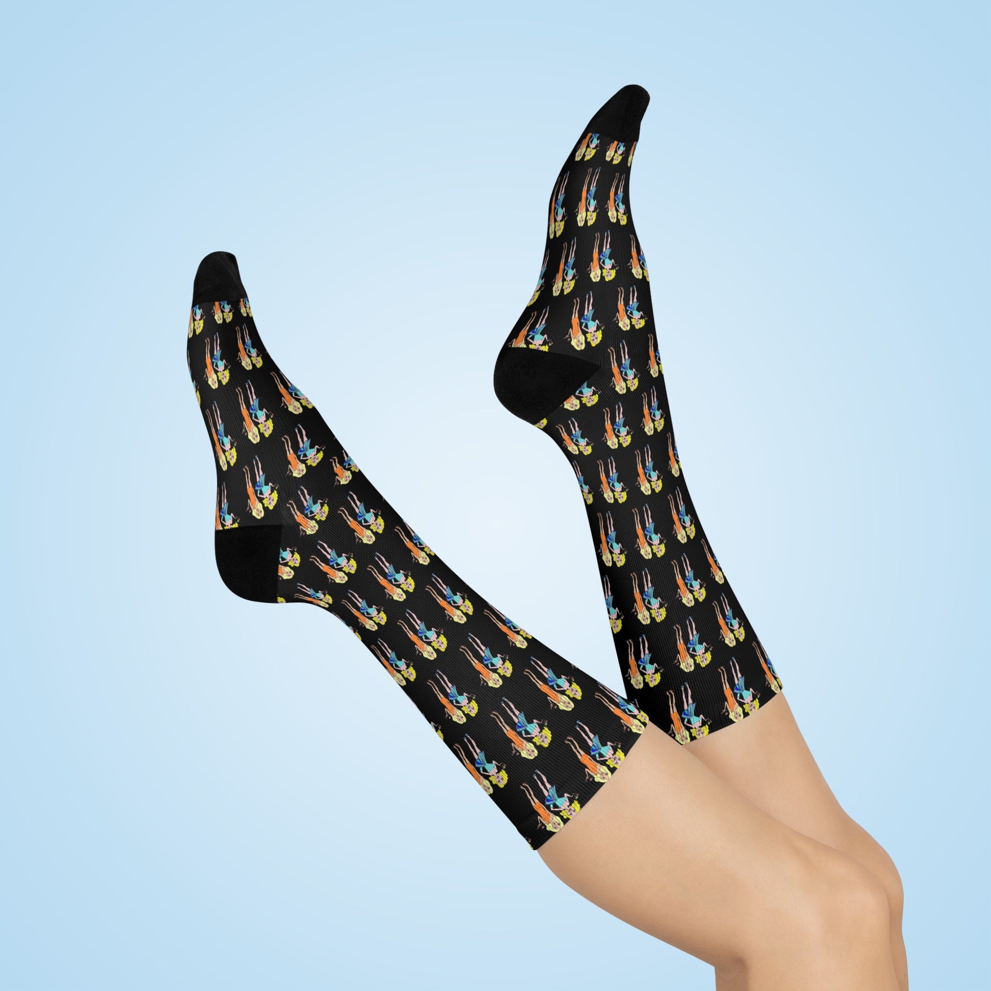 Legs raised wearing waitress crew socks with full wraparound waitress illustration.