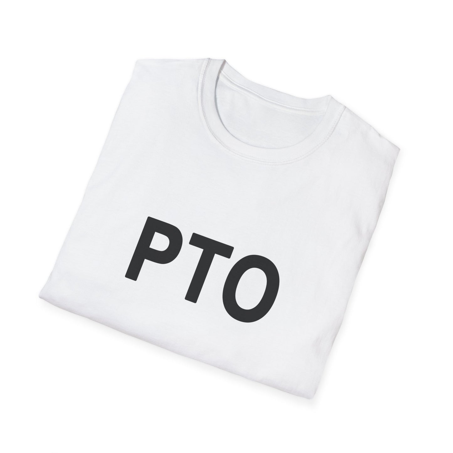 White t-shirt with 'PTO' printed on it against a white background