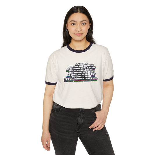 Woman wearing white Clever Quote Unisex T-Shirt with black collar front view