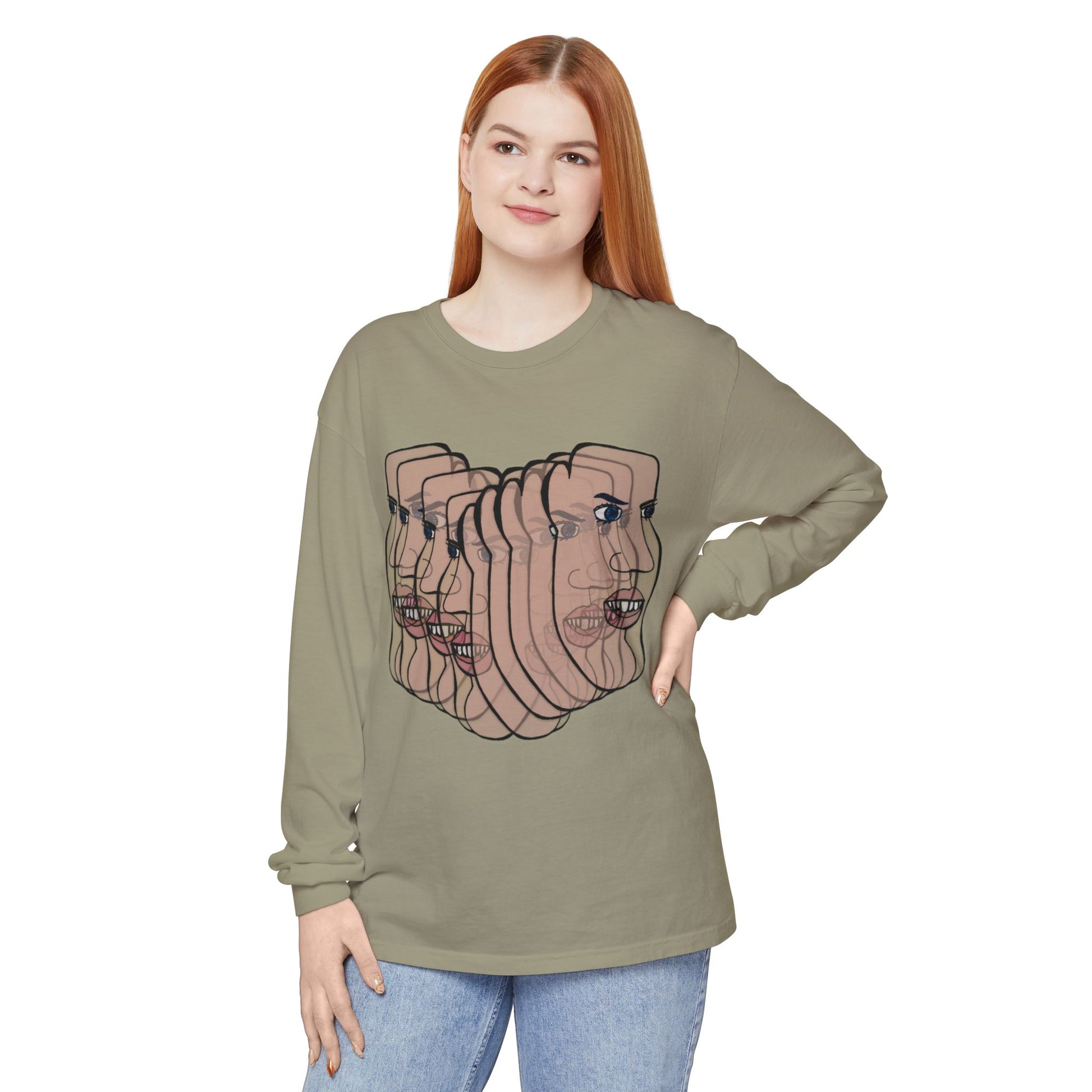 Female model wearing Charlie Long Sleeve T-Shirt in olive green