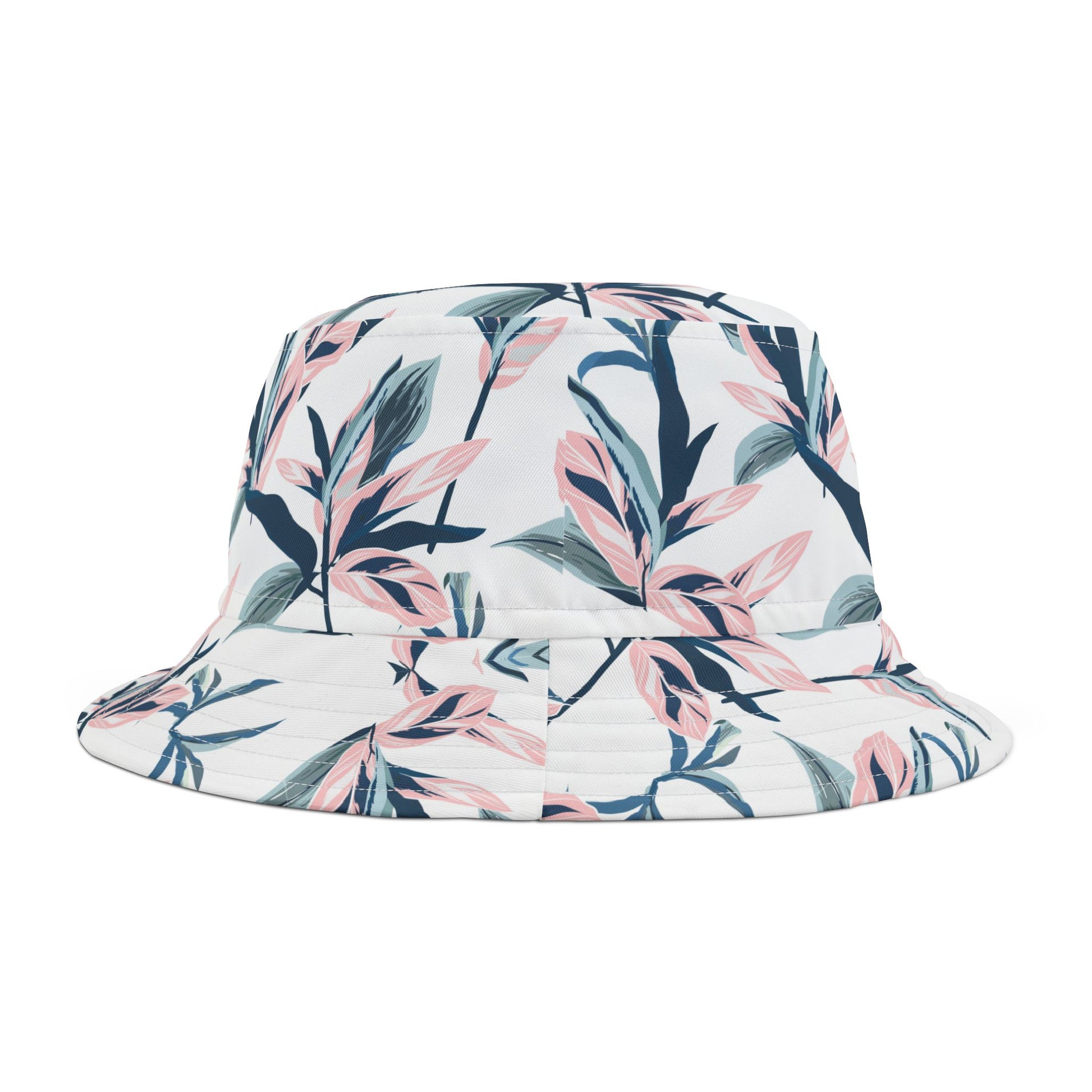 Floral bucket hat with watercolor blossom pattern on white background, product photo.