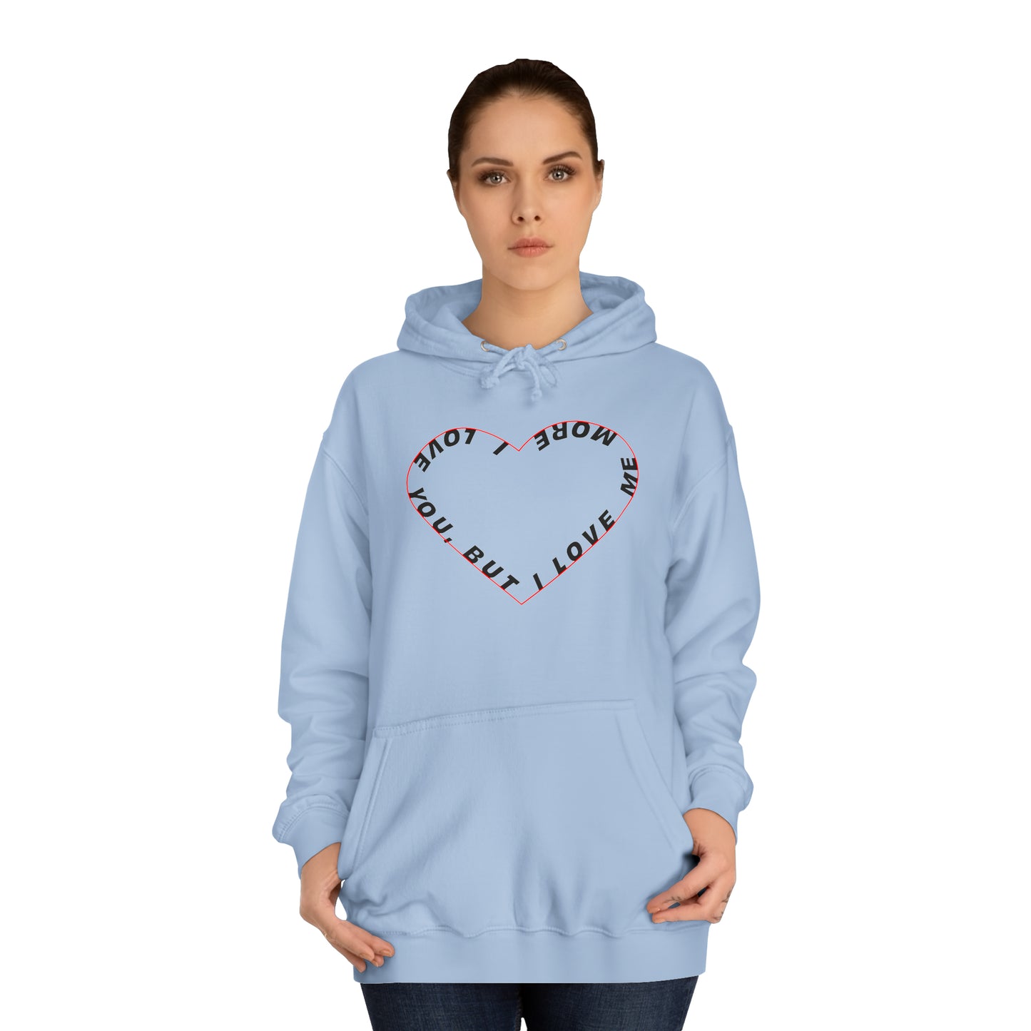 Front view model wearing Sky Blue hoodie – heart self love hoodie