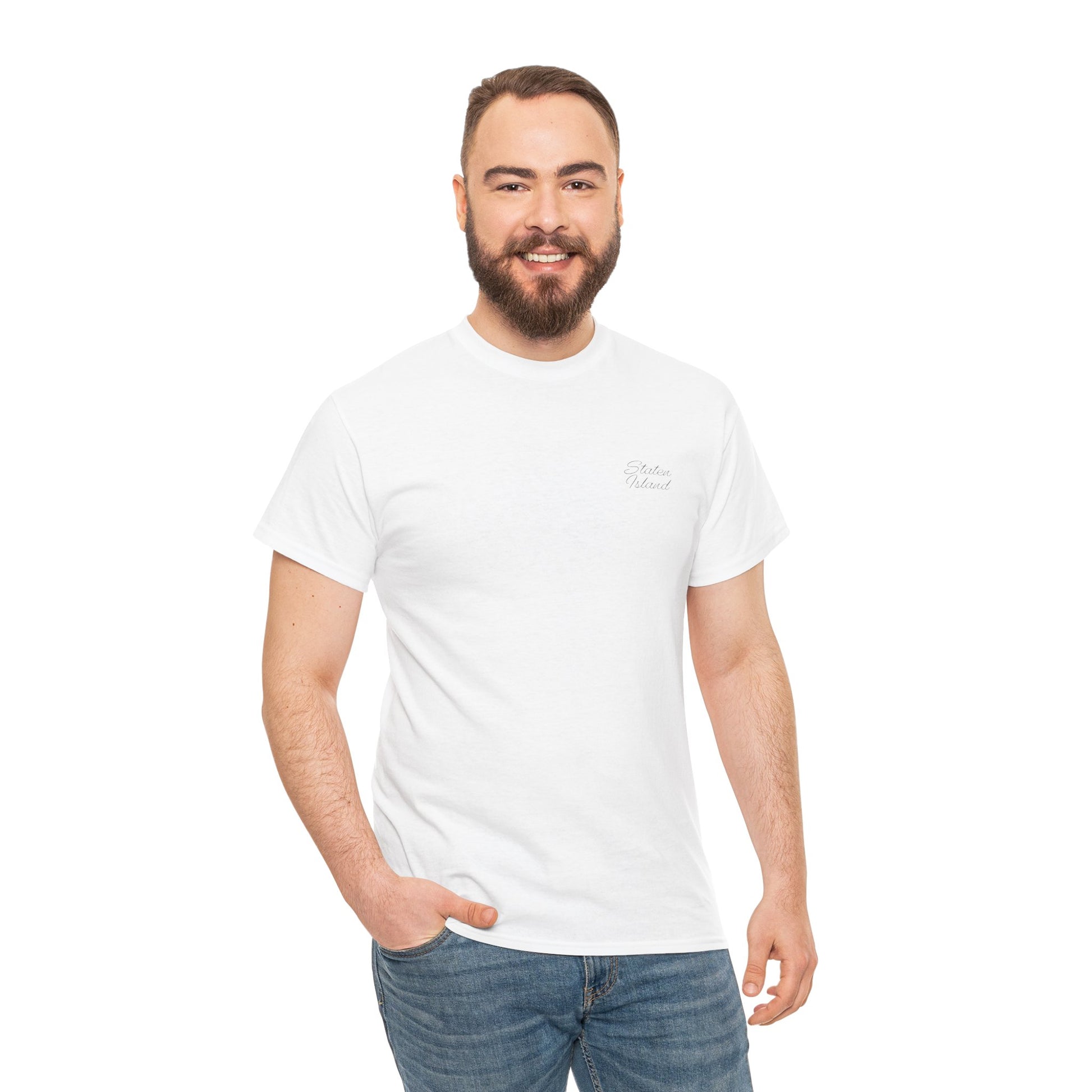 Male model in white Staten Island T-Shirt front view.