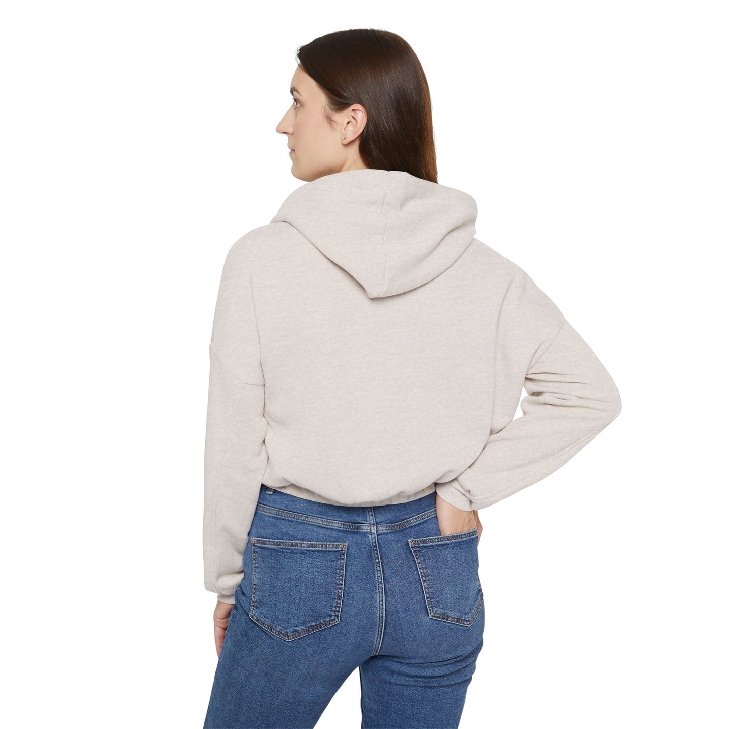 Back view of model wearing oatmeal waitress hoodie.