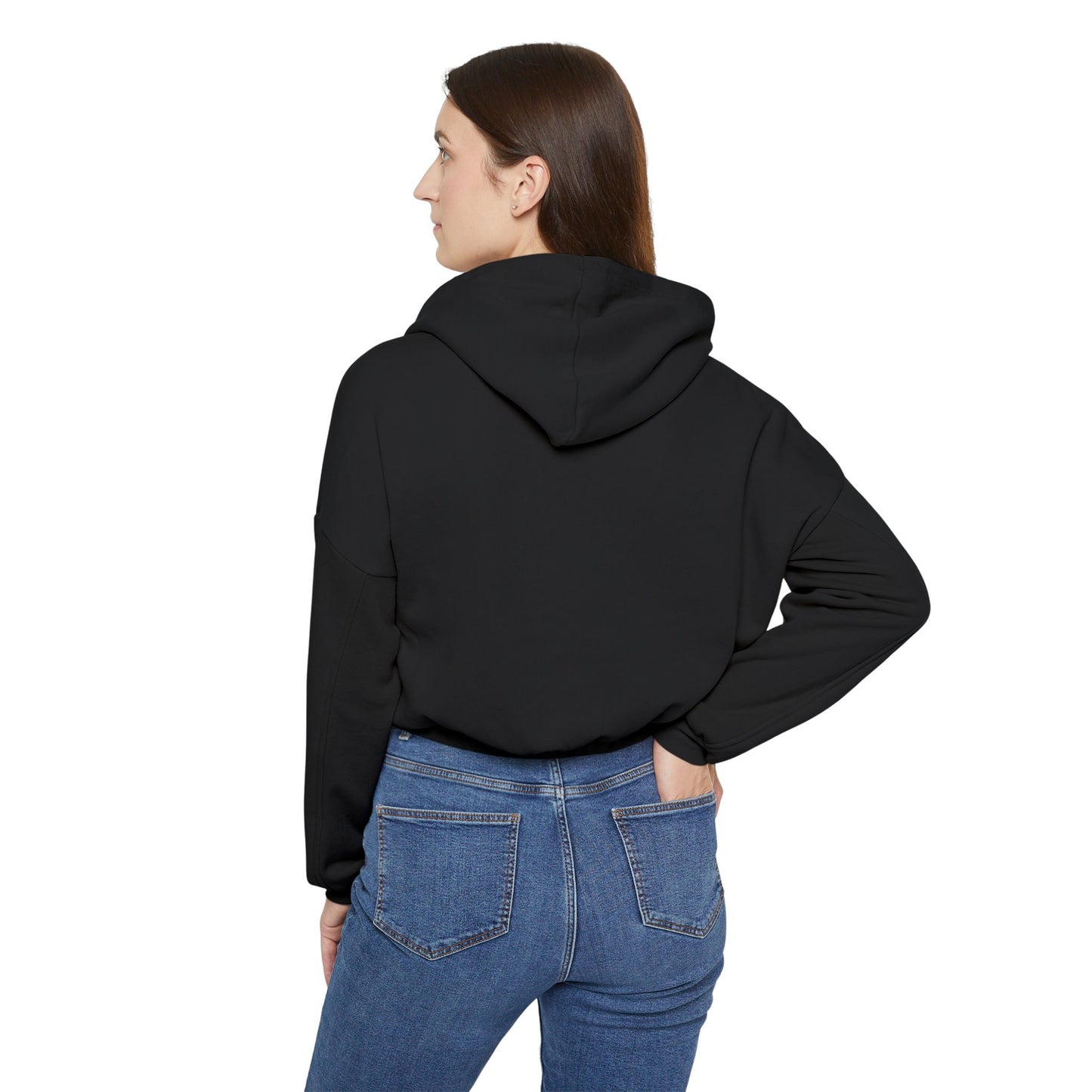 Back view of model wearing black waitress hoodie with hood up.