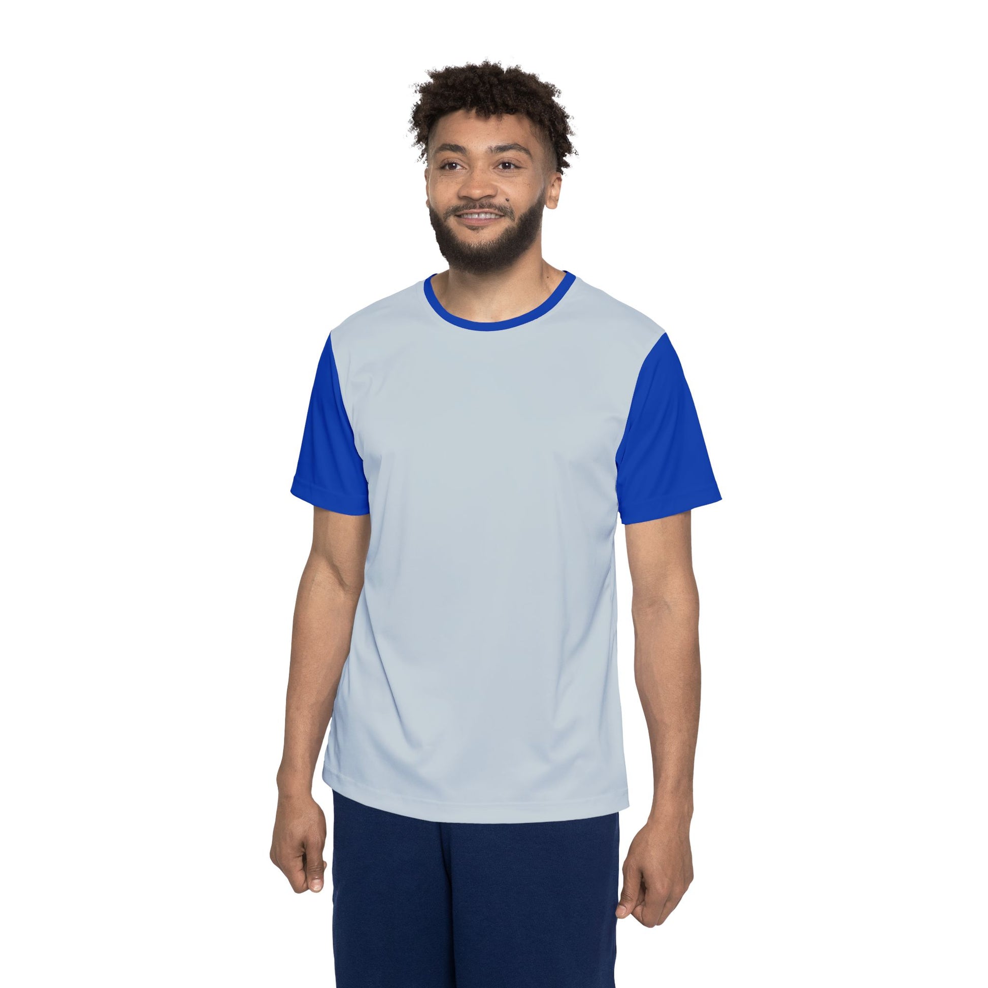 Front view of model wearing Let's Go Yankees men's sports jersey with light gray body and blue sleeves