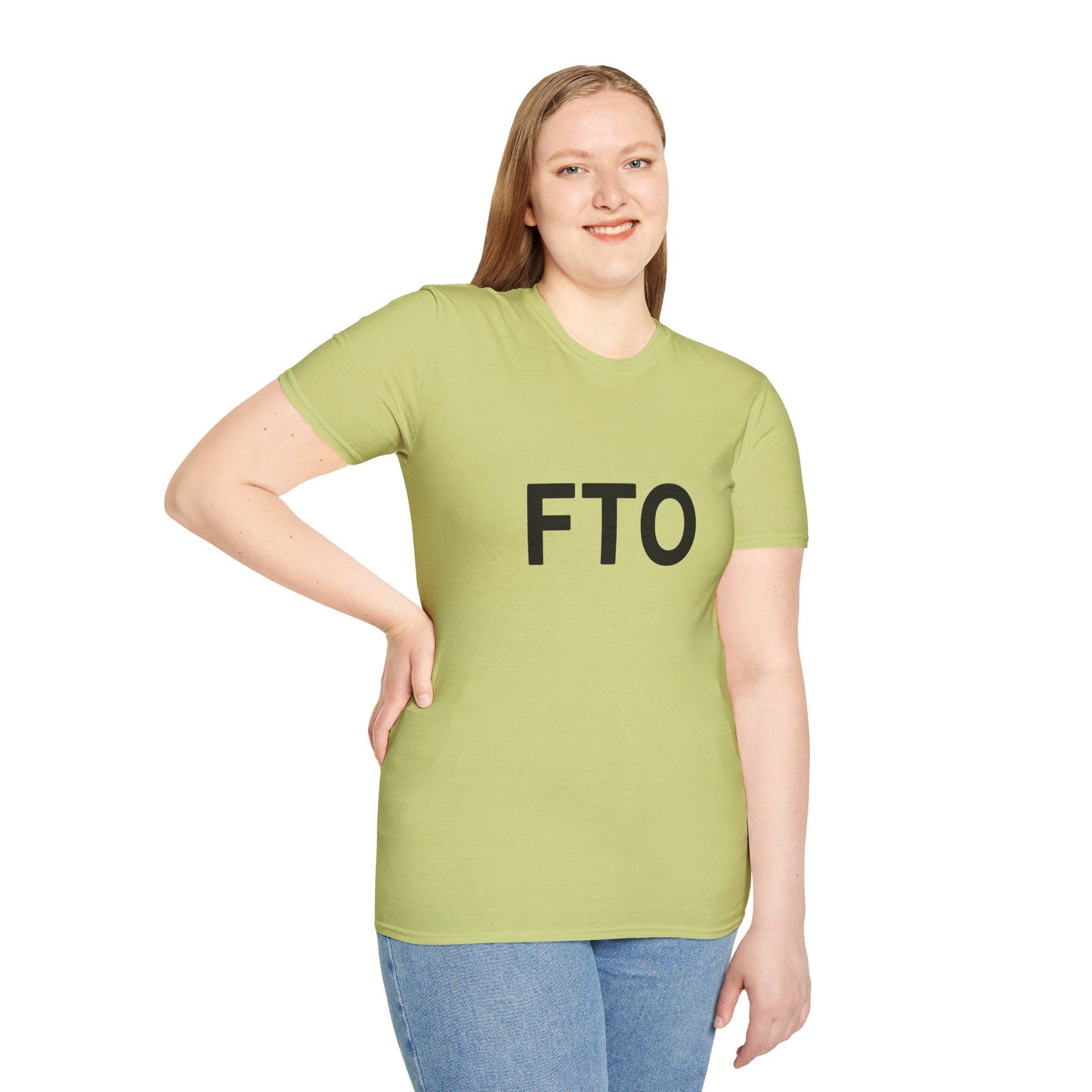 Woman posing confidently in green FTO T-shirt
