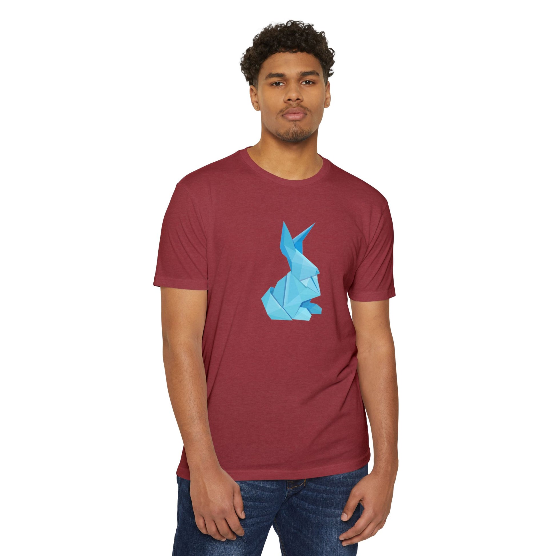 Man wearing red Origami Bunny T-Shirt with origami bunny design.