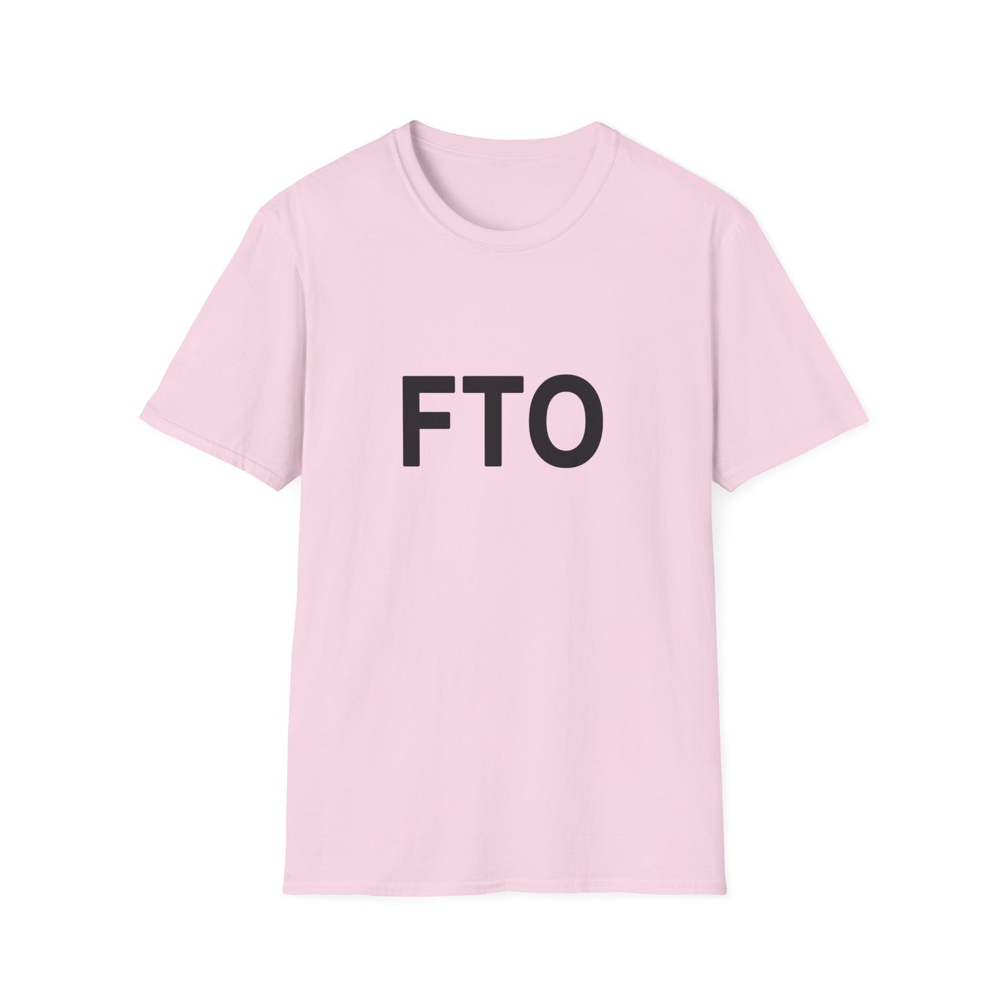 Pink t-shirt with 'FTO' text on a white background