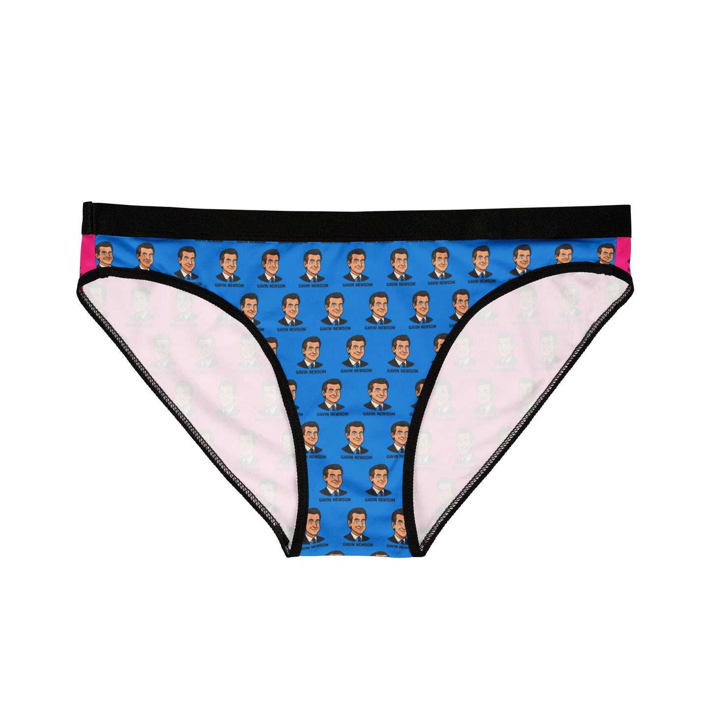 Flat lay of Gavin Newsom-themed women's panties with a full blue front panel printed with repeated face graphics.