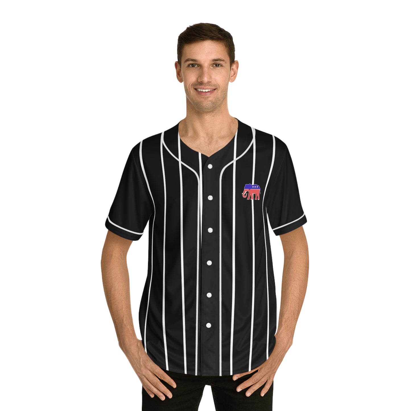 trump 47 mens button up baseball jersey front view - lightweight moisture wicking sports shirt