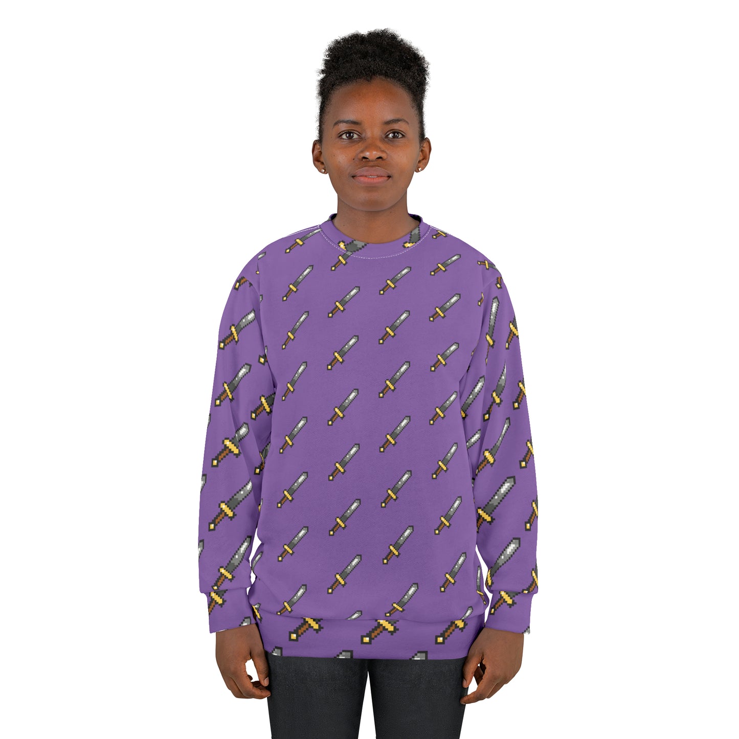 Model wearing 8-bit sword unisex sweatshirt front view