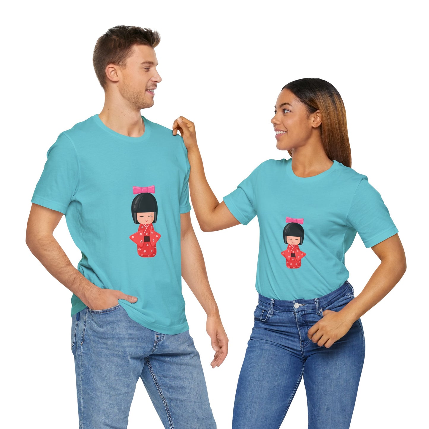 Couple wearing blue T shirts with a cute geisha illustration.
