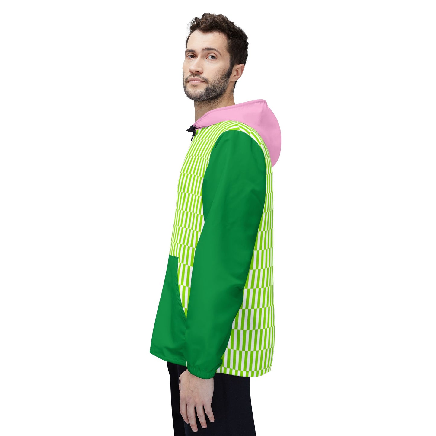 Man modeling Fresh Vibes Windbreaker front angle with green patterned front, dark green lower panel, and pink hood.