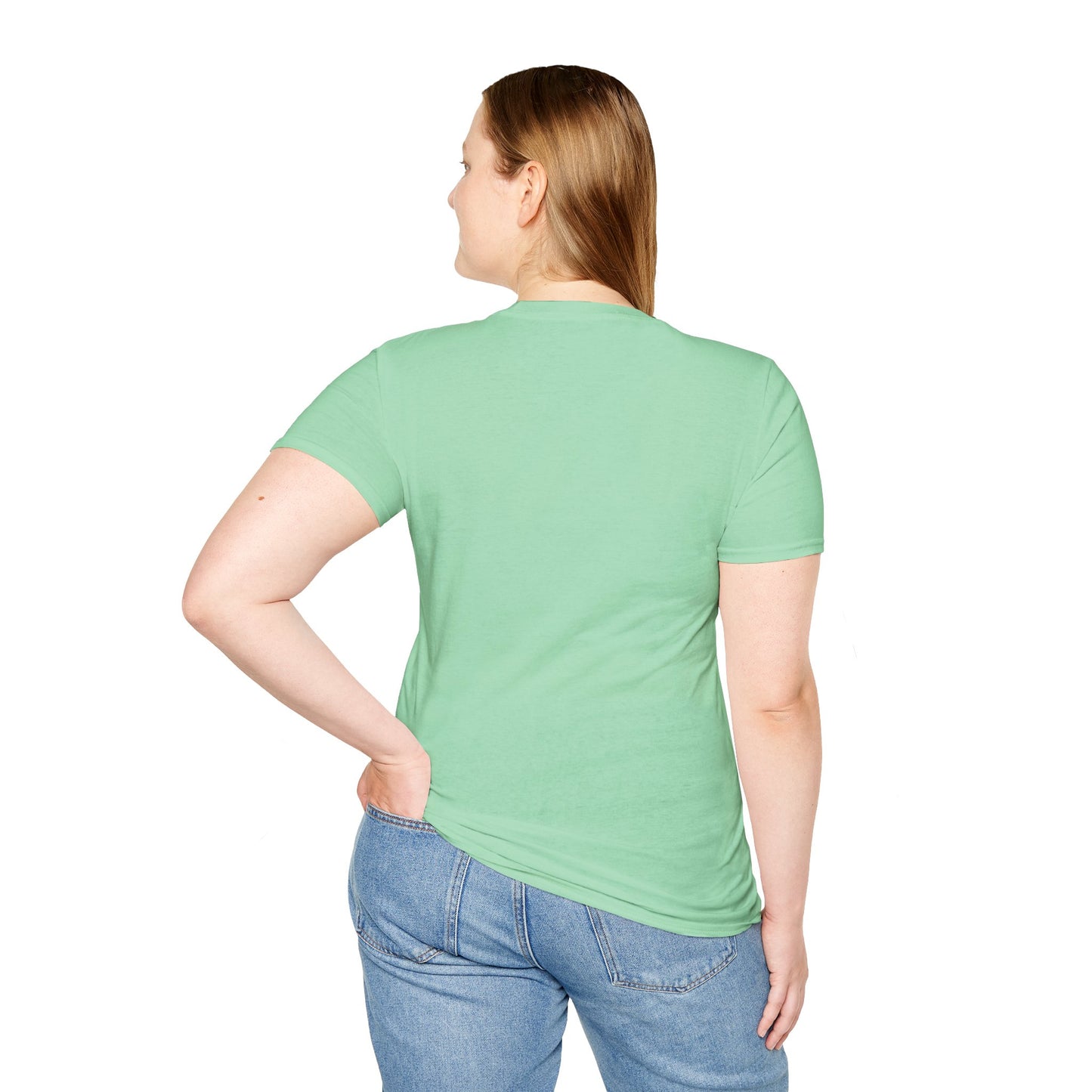 Woman wearing a green t-shirt and blue jeans on a white background