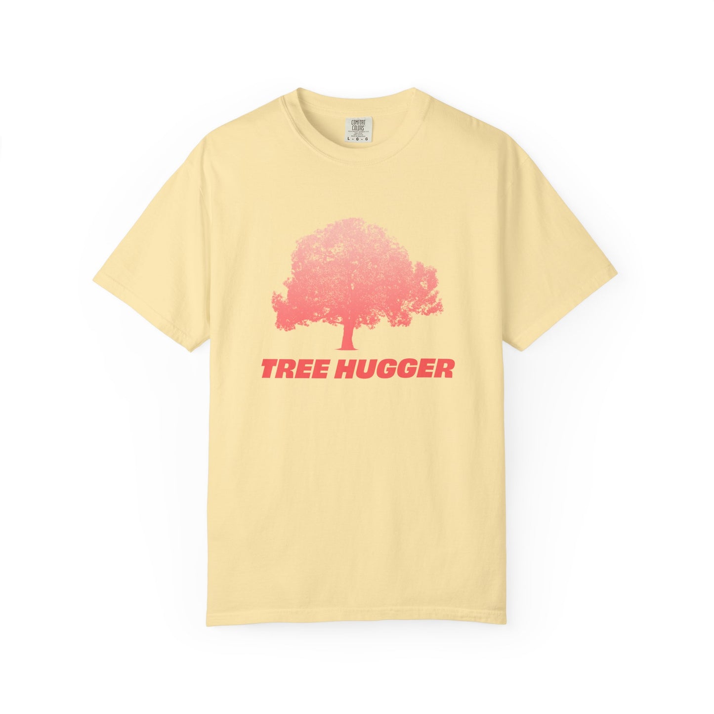Yellow t-shirt with a red tree graphic and 'TREE HUGGER' text on a white background